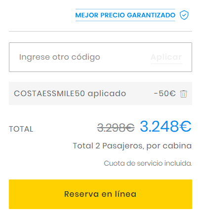 donde introducir código descuento Costa Cruceros