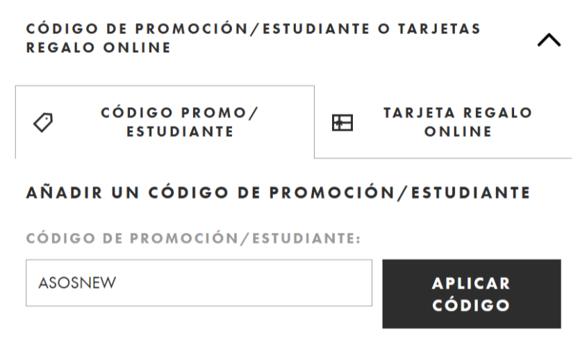 donde introducir el codigo Asos