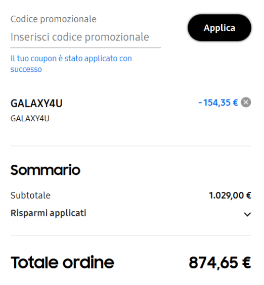 codice sconto samsung applicato