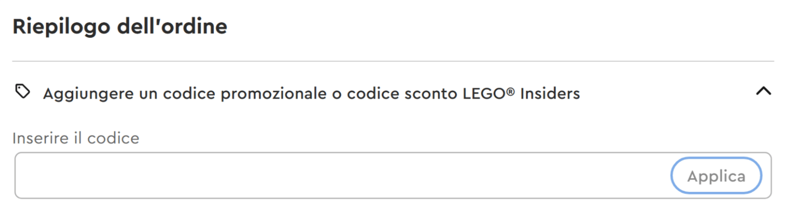 dove inserire il codice sconto lego