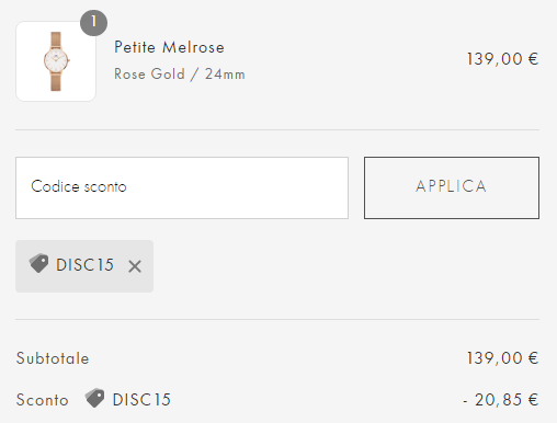 Il codice sconto Daniel Wellington applicato a carrello