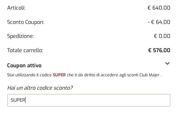 come inserire codice sconto Orologeria Majer