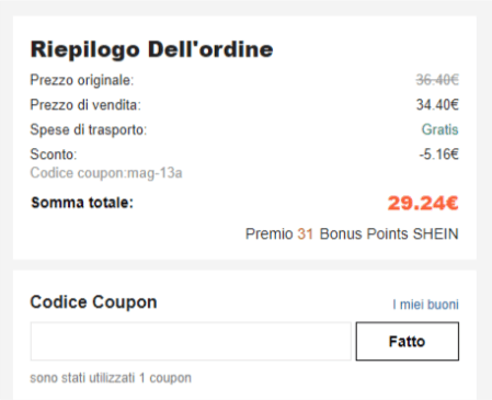 dove inserire il codice sconto shein
