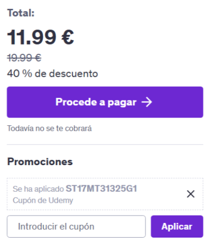 donde aplicar el codigo descuento udemy